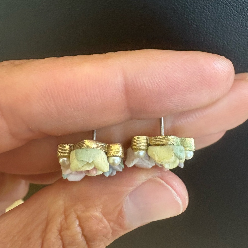 1928 pink porcelain dangle drop earrings flowers gold toned faux pearls - Picture 8 of 12